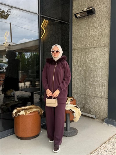 NUSS 1078 Kürk Detay Takım Mürdüm