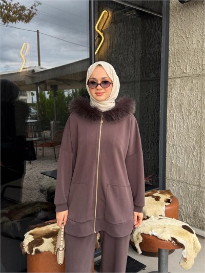 NUSS 1078 Kürk Detay Takım Kahverengi
