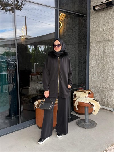 NUSS 1078 Kürk Detay Takım Siyah