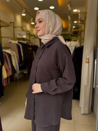 Nuss 1081 Kendinden Çizgili Pantolonlu Takım Bitter