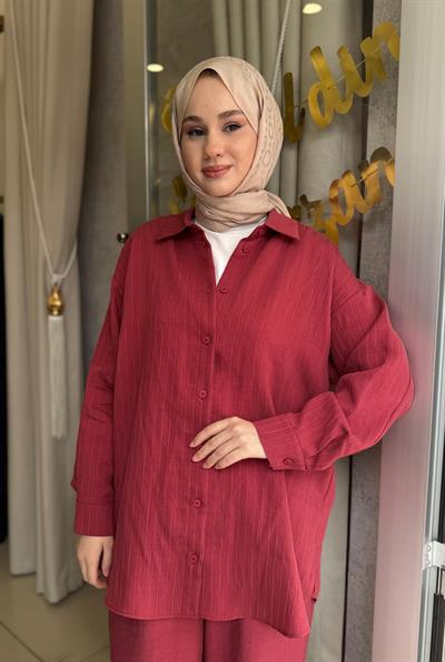 Nuss 1081 Kendinden Çizgili Pantolonlu Takım Red Plum