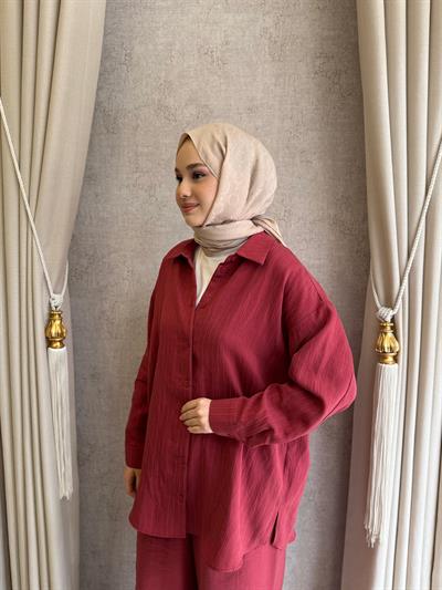Nuss 1081 Kendinden Çizgili Pantolonlu Takım Red Plum