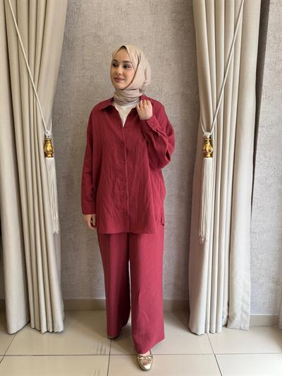 Nuss 1081 Kendinden Çizgili Pantolonlu Takım Red Plum
