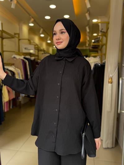 Nuss 1081 Kendinden Çizgili Pantolonlu Takım Siyah