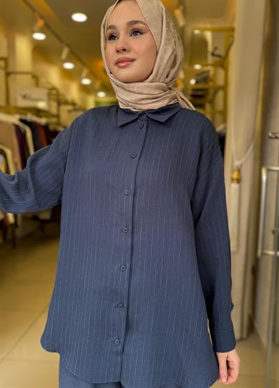 Nuss 1081 Kendinden Çizgili Pantolonlu Takım İndigo