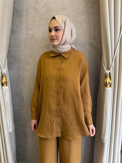 Nuss 1081 Kendinden Çizgili Pantolonlu Takım Kehribar