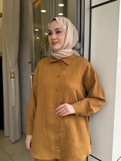 Nuss 1081 Kendinden Çizgili Pantolonlu Takım Kehribar