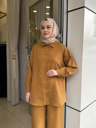 Nuss 1081 Kendinden Çizgili Pantolonlu Takım Kehribar