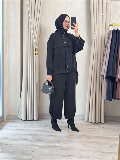 NUSS 1083 Şalvar Pantolonlu  Takım Siyah