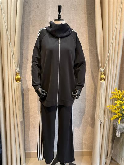 Nuss 1092 Yanı Şerit Detaylı Pantolonlu Takım Siyah