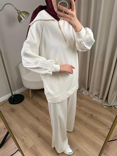 Nuss 1093 Şerit Detaylı Pantolonlu Takım Ekru