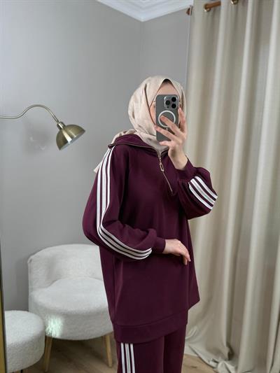 Nuss 1093 Şerit Detaylı Pantolonlu Takım MÜRDÜM