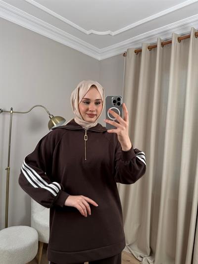 Nuss 1093 Şerit Detaylı Pantolonlu Takım Kahverengi