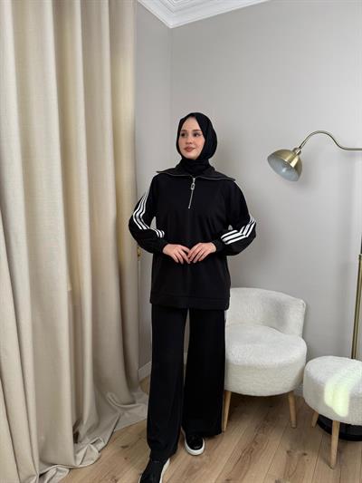 Nuss 1093 Şerit Detaylı Pantolonlu Takım Siyah
