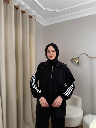 Nuss 1093 Şerit Detaylı Pantolonlu Takım Siyah