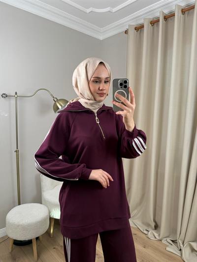 Nuss 1093 Şerit Detaylı Pantolonlu Takım MÜRDÜM