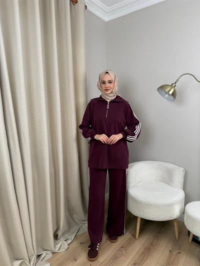 Nuss 1093 Şerit Detaylı Pantolonlu Takım MÜRDÜM
