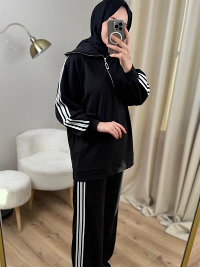 Nuss 1093 Şerit Detaylı Pantolonlu Takım Siyah