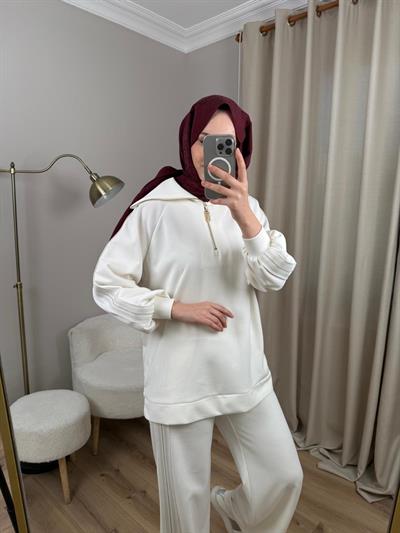 Nuss 1093 Şerit Detaylı Pantolonlu Takım Ekru