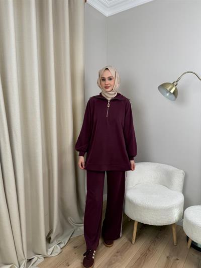 Nuss 1093 Şerit Detaylı Pantolonlu Takım MÜRDÜM