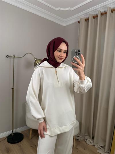 Nuss 1093 Şerit Detaylı Pantolonlu Takım Ekru
