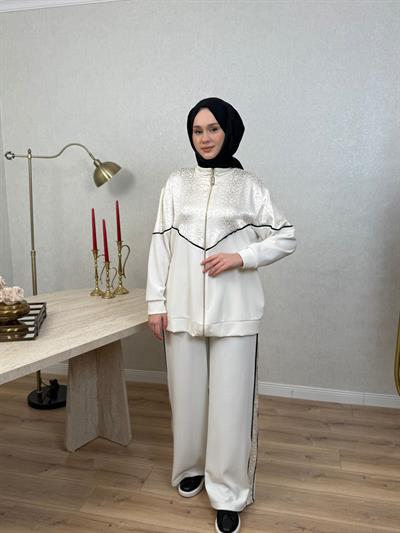 Nuss 1095 Jakar Detaylı Bambu Pantolonlu Takım Ekru