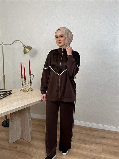 Nuss 1095 Jakar Detaylı Bambu Pantolonlu Takım Kahverengi