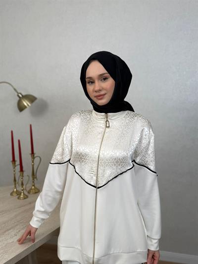 Nuss 1095 Jakar Detaylı Bambu Pantolonlu Takım Ekru