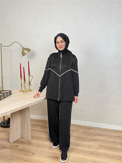 Nuss 1095 Jakar Detaylı Bambu Pantolonlu Takım Siyah