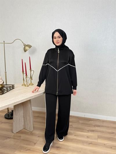 Nuss 1095 Jakar Detaylı Bambu Pantolonlu Takım Siyah