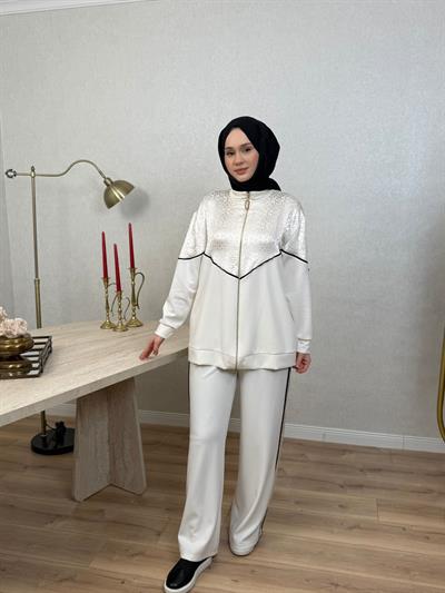 Nuss 1095 Jakar Detaylı Bambu Pantolonlu Takım Ekru