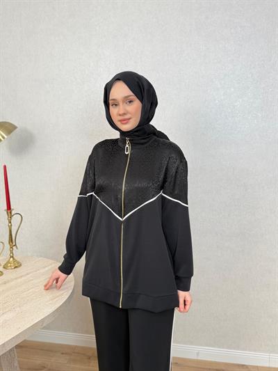 Nuss 1095 Jakar Detaylı Bambu Pantolonlu Takım Siyah