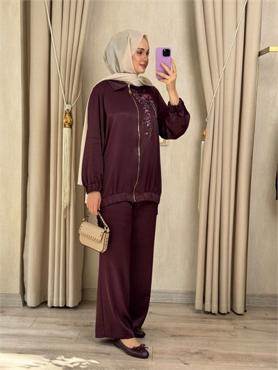 SBL TAKIM 15469 Çiçek İşlemeli Fermuarlı Pantolonlu Takım