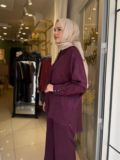 Tığ Triko 5021 Desen Mixli Pantolonlu Takım Bordo