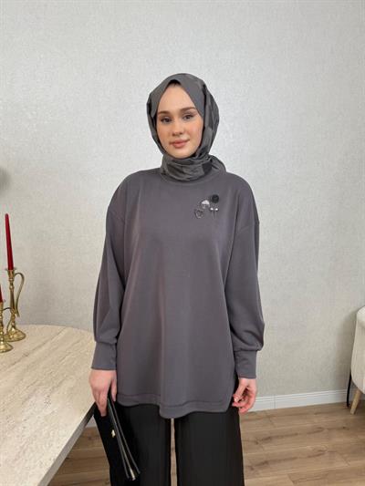 Tığ Triko 5075 Arkası Plikaşe Detaylı Saten Pantolonlu Takım Antrasit