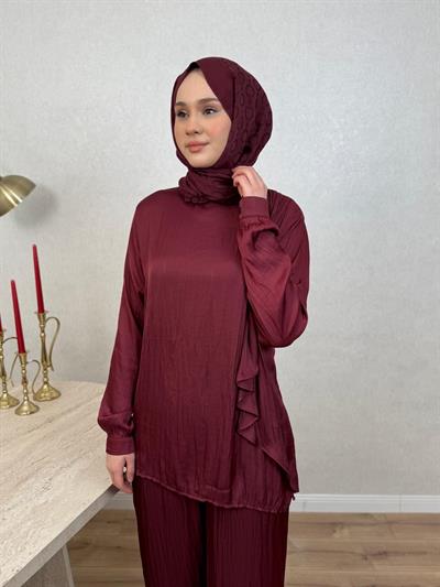Tığ Triko 5082 Metal Tokalı Fular Detaylı Pantolonlu Takım Bordo