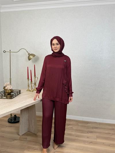 Tığ Triko 5082 Metal Tokalı Fular Detaylı Pantolonlu Takım Bordo