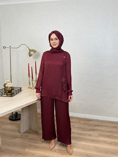 Tığ Triko 5082 Metal Tokalı Fular Detaylı Pantolonlu Takım Bordo