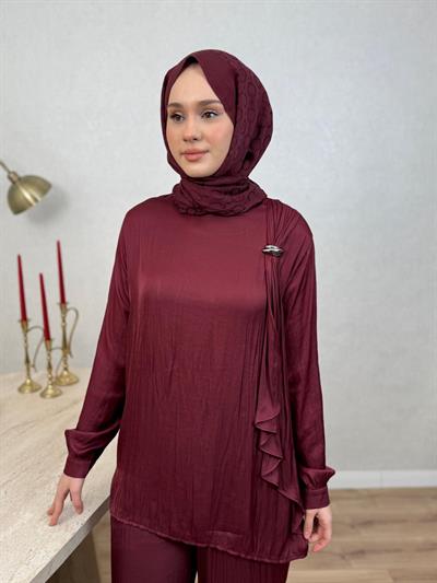 Tığ Triko 5082 Metal Tokalı Fular Detaylı Pantolonlu Takım Bordo