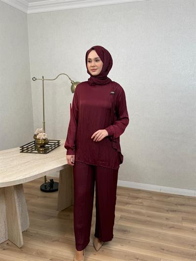 Tığ Triko 5082 Metal Tokalı Fular Detaylı Pantolonlu Takım Bordo