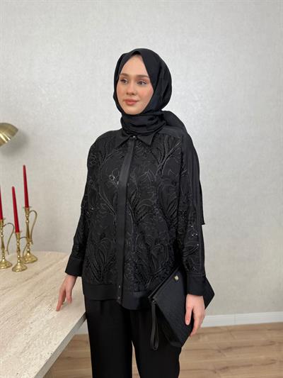 Tığ Triko 5087 Pul Nakış Kombinli Pantolonlu Takım Siyah