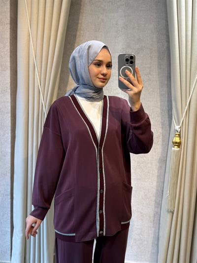 Tığ Triko 5092 Sim Çizgi Ribanalı Pantolonlu Takım Bordo