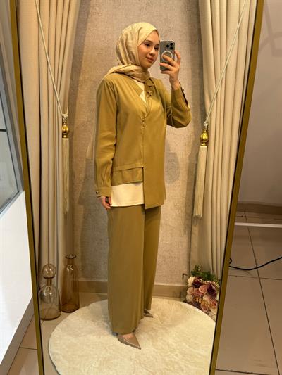 Tığ Triko 5099 Asimetrik Yakalı 3lü Pantolonlu Takım Olive