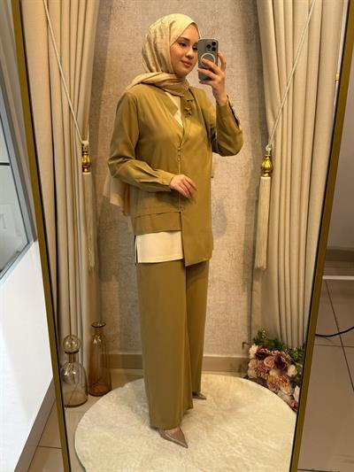 Tığ Triko 5099 Asimetrik Yakalı 3lü Pantolonlu Takım Olive