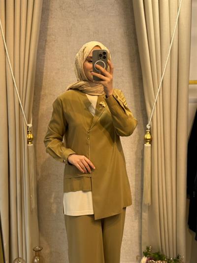 Tığ Triko 5099 Asimetrik Yakalı 3lü Pantolonlu Takım Olive