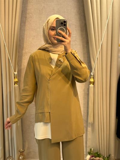 Tığ Triko 5099 Asimetrik Yakalı 3lü Pantolonlu Takım Olive