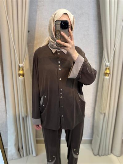 Tığ Triko 5126 Çıtçıtlı Tunik Pantolon Takım Kahverengi