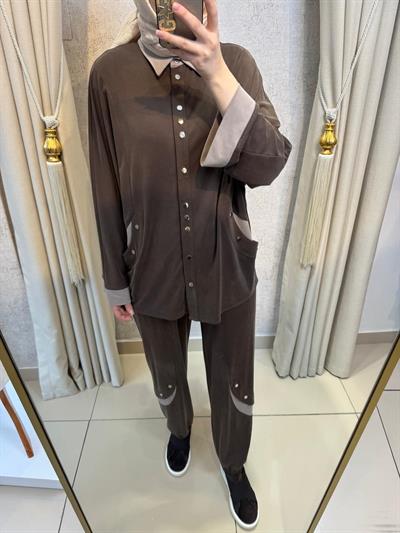 Tığ Triko 5126 Çıtçıtlı Tunik Pantolon Takım Kahverengi