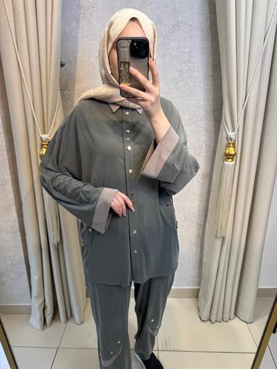 Tığ Triko 5126 Çıtçıtlı Tunik Pantolon Takım Yeşil