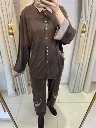 Tığ Triko 5126 Çıtçıtlı Tunik Pantolon Takım Kahverengi